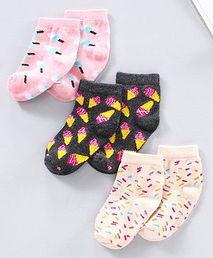 Cutewalk by Babyhug Anti-bacterial Ankle Length Socks Pack of 5 Ice Cream Design - Pink Black