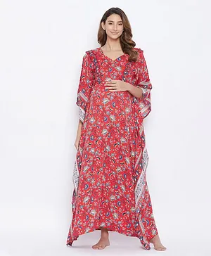 The Kaftan Company Three Fourth Sleeves Floral Print Maternity Nighty - Red