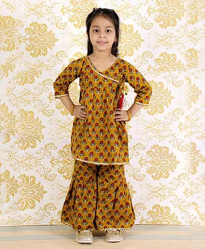 The Mom Store Three Fourth Sleeves Floral Block Print Kurti With Sharara Pants - Yellow