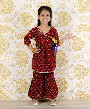The Mom Store Three Fourth Sleeves Floral Print Kurti With Sharara Pants - Maroon