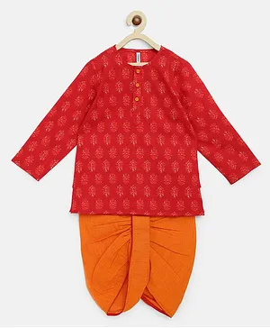 Campana Full Sleeves Floral Print Kurta With Dhoti - Red & Orange