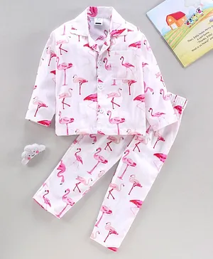 Right Sleep Full Sleeves Flamingo Print Night Suit - White
