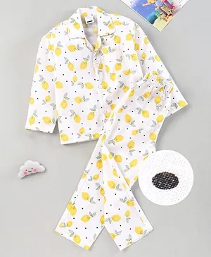 Right Slip Full Sleeves Lemons Print Night Suit - White