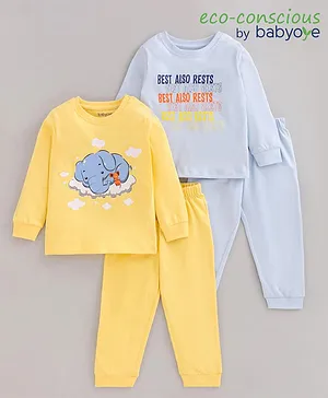 Babyoye 100% Cotton Full Sleeves Pyjama Sets Text & Elephant Print Pack of 2 - Blue Yellow