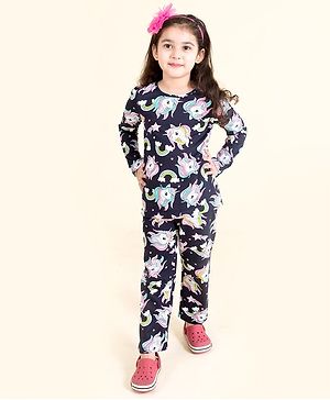 Pspeaches Full Sleeves Unicorn Print Tee And Pajama Night Suit - Navy Blue