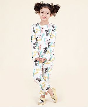 Pspeaches Pack Of 2 Full Sleeves Koala Print & Solid Tee And Pajama Night Suits - White & Blue