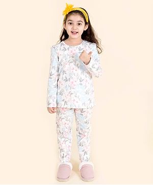 Pspeaches Full Sleeves Flowers Print Tee And Pajama Night Suit - White