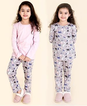 Pspeaches Full Sleeves Printed & Solid Tee With Printed Pajama Night Suit - Green & Pink