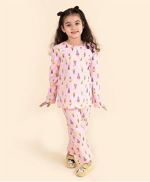 Pspeaches Full Sleeves Ice Cream Print Tee And Pajama Night Suit - Pink