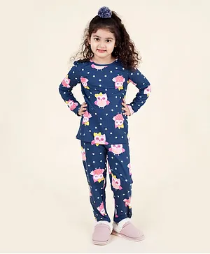 Pspeaches Full Sleeves Owl Print And Solid Tee And Pajama Pack Of 2 Night Suits - Navy Blue And Pink