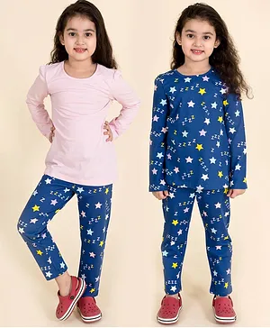 Pspeaches Full Sleeves Printed & Solid Tee With Printed Pajama Night Suit - Blue & Pink