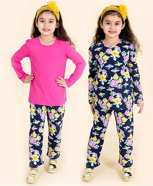 Pspeaches Full Sleeves Printed & Solid Tee With Printed Pajama Night Suit - Navy Blue & Pink