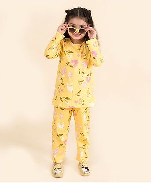 Pspeaches Full Sleeves Floral Print Tee And Pajama Night Suit - Yellow