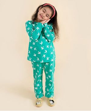 Pspeaches Full Sleeves Doves Print Tee And Pajama Night Suit - Green