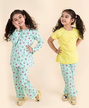 Pspeaches Full Sleeves All Over Cupcake Printed Night Suit - Green & Yellow