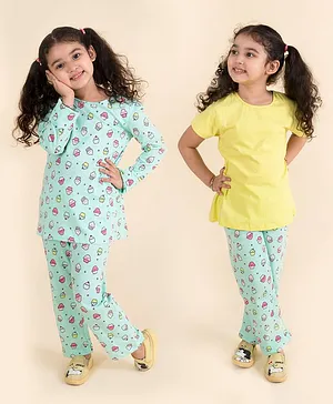 Pspeaches Full Sleeves All Over Cupcake Printed Night Suit - Green & Yellow