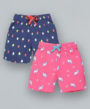 Plum Tree Girls All Over Unicorn Printed Shorts Pack Of 2 - Pink, Navy
