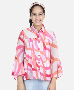 Cutiekins Full Sleeves Printed Shirt Style Top - White & Margenta Pink