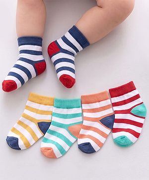 Cutewalk by Babyhug Anti-bacterial Ankle Length Terry Socks Pack of 5 Striped - Yellow Blue Orange Navy Red