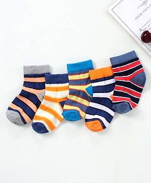Cute Walk by Babyhug Ankle Length Antibacterial Cotton Socks Stripe Design Pack Of 5 - Blue Grey Red Orange