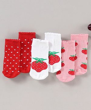 Cute Walk by Babyhug Cotton Blend Ankle Length Anti Bacterial Socks Strawberry Design Pack of 3 - Red Pink