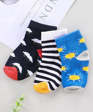 Cute Walk by Babyhug Ankle Length Anti Bacterial Socks Sun Design Pack of 3 - Blue White