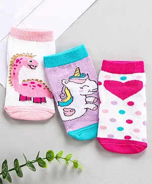 Cute Walk by Babyhug Ankle Length Anti Bacterial Socks Unicorn & Dragon Design Pack of 3- Pink