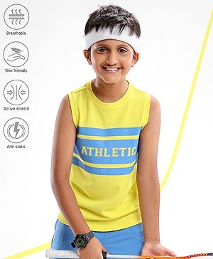 Pine Active Lycra Sleeveless T Shirt HD Text Print - Yellow Blue