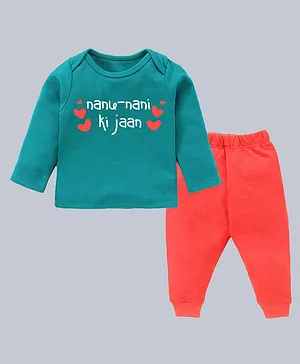 Kadam Baby Full Sleeves Nanu Nani Ki Jaan Printed Tee With Joggers - Green & Red
