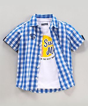 Pine Kids Half Sleeves Checkered Shirt With A T-Shirt- Blue