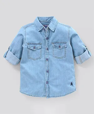 Pine Kids Full Sleeves Denim Shirt Solid Print - Indigo Blue