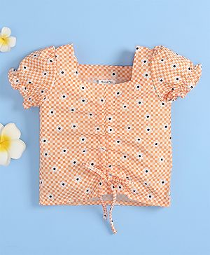 Kookie Kids Puff Sleeves Checked Top Floral Print - Orange