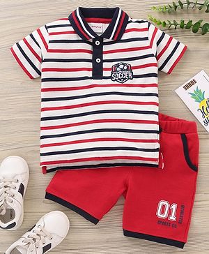 Babyhug Cotton Half Sleeves Tee & Shorts Set Stripes - White Red