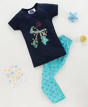 Eimoie Short Sleeves Bow Print Night Suit - Navy Blue