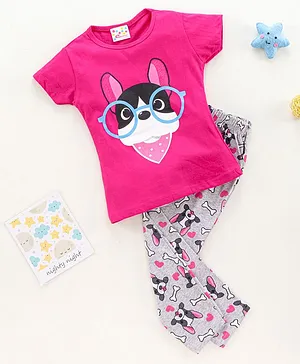 Eimoie Short Sleeves Dog Print Night Suit - Dark Pink