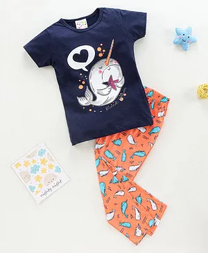 Eimoie Short Sleeves Fish Print Night Suit - Navy Blue