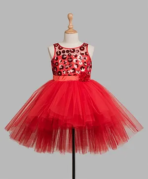 Toy Balloon Sleeveless Sequin Flower Yoke High-Low Party Wear Dress - Red