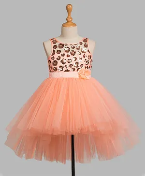 Toy Balloon Sleeveless Sequin Flower Yoke High-Low Party Wear Dress - Peach