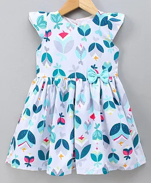 Orrigany Cap Sleeves Printed Frock Bow Applique - White Blue