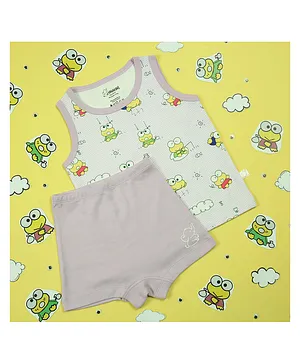 Snugkins 100% Organic Cotton Sleevless T Shirts And Shorts Set Frog Jumping Joy Print - Multicolor