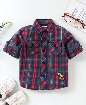 Babyhug Full Sleeves Cotton Checks Shirt - Orange Blue