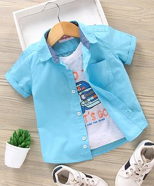 Babyhug Cotton Woven Half Sleeves Shirt Solid With Printed Inner Tee - Blue