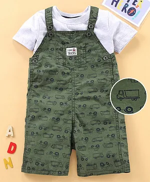 Simply Dungaree with Half Sleeve Inner Tee Truck Print - Olive