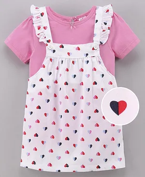 Simply Dungaree Style Frock with Half Sleeves Inner Tee - Pink