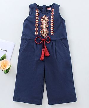 Babyhug Sleeveless Cotton Ethnic Jumpsuit Embroidered - Blue