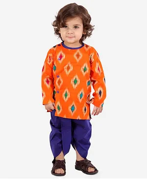 KID1 Full Sleeves Ikkat Print Kurta Dhoti - Orange