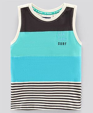 Pine Kids Sleeveless Biowashed T-Shirt Text & Stripes Print - Blue Black
