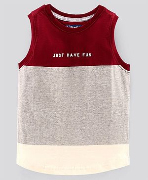 Pine Kids Sleeveless Cotton Biowash T-shirt Text Print - Maroon Grey