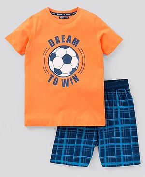 Pine Kids Biowash Half Sleeves Tee & Shorts Nightwear Set Football & Checks Print - Orange Blue