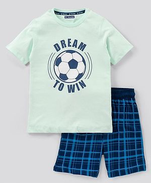 Pine Kids Biowash Half Sleeves Tee & Shorts Nightwear Set Football & Checks Print - Light & Navy Blue